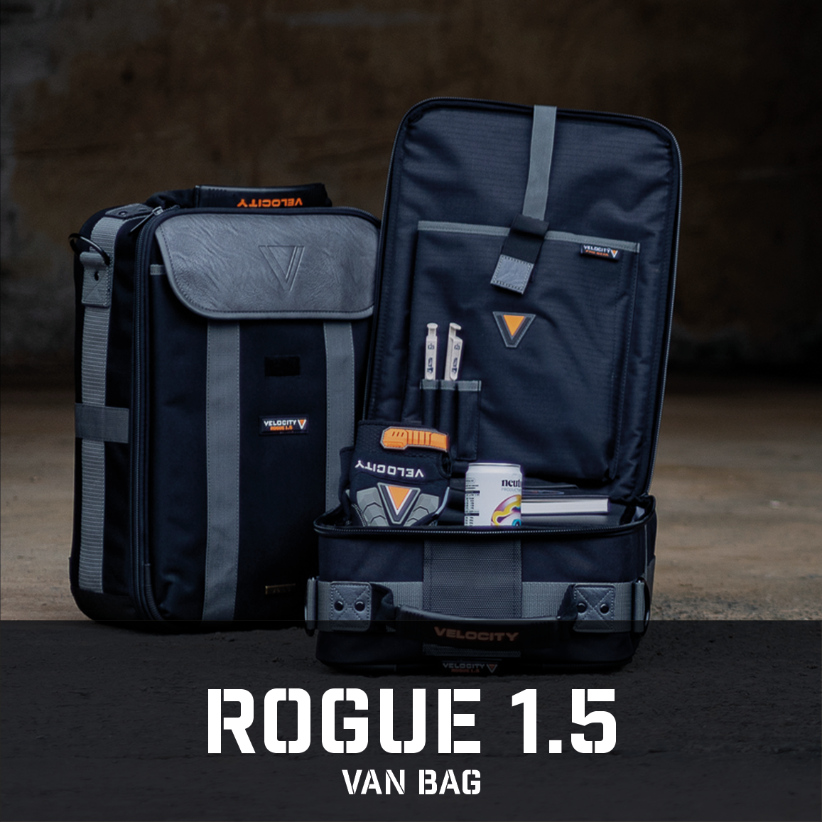 Two Rogue 1.5 Van Bags, one open & one closed, showing use case with white text