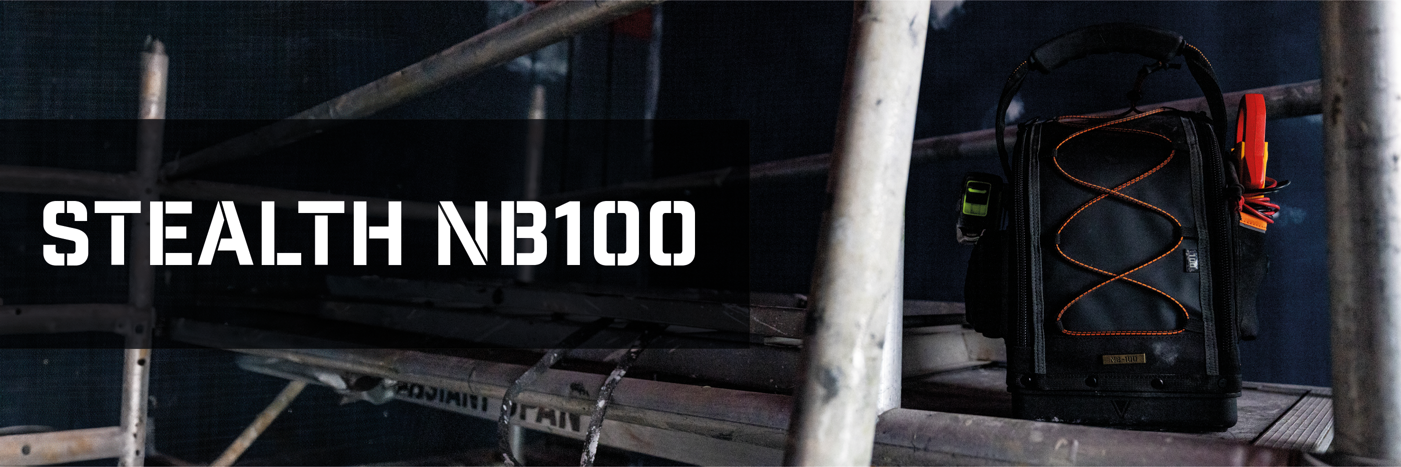Stealth NB100 Tool Bag set on Scaffolding, with white text